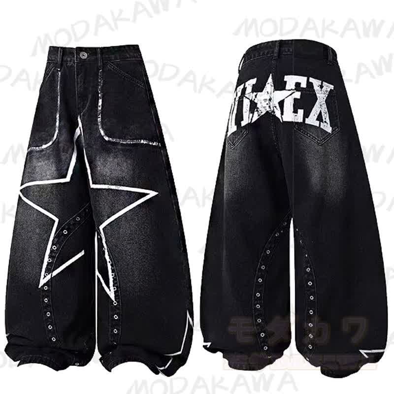 Vintage Star Graffiti Unisex Loose Washed Punk Denim Pants - Schwarz - 3XL - image 1