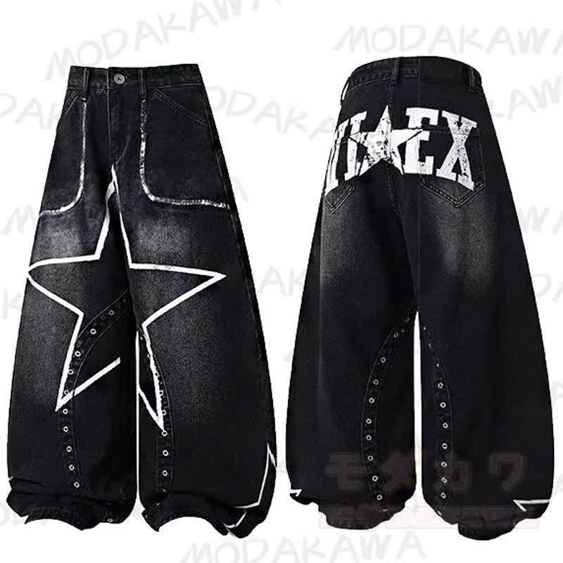 Vintage Star Graffiti Unisex Loose Washed Punk Denim Pants - Schwarz - 3XL - image 1