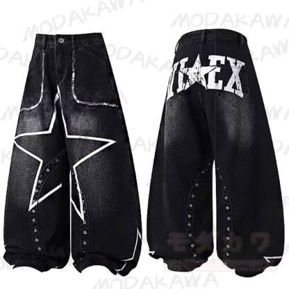 Vintage Star Graffiti Unisex Loose Washed Punk Denim Pants - Schwarz - 3XL - image 1