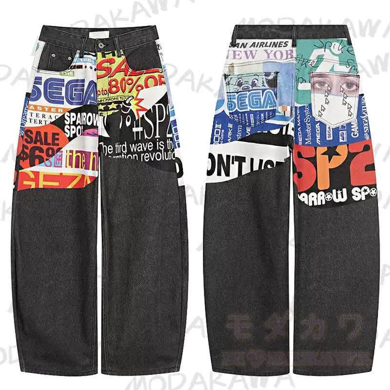 Vintage-Print mit Poster-Motiv, Unisex-Freizeithose aus lockerem Denim - Grau - 3XL - image 1