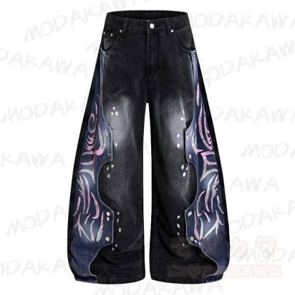 Vintage-Graphic-Spleiß-Unisex-Streetwear-Schlaghose aus Denim, locker geschnitten - Schwarz - 3XL - image 1