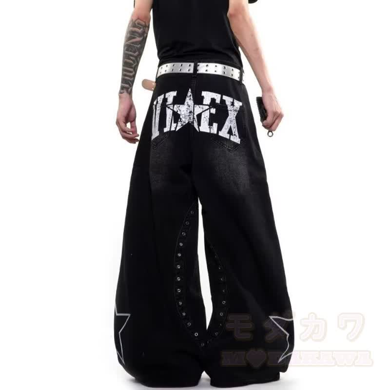 Vintage Star Graffiti Unisex Loose Washed Punk Denim Pants - image 2