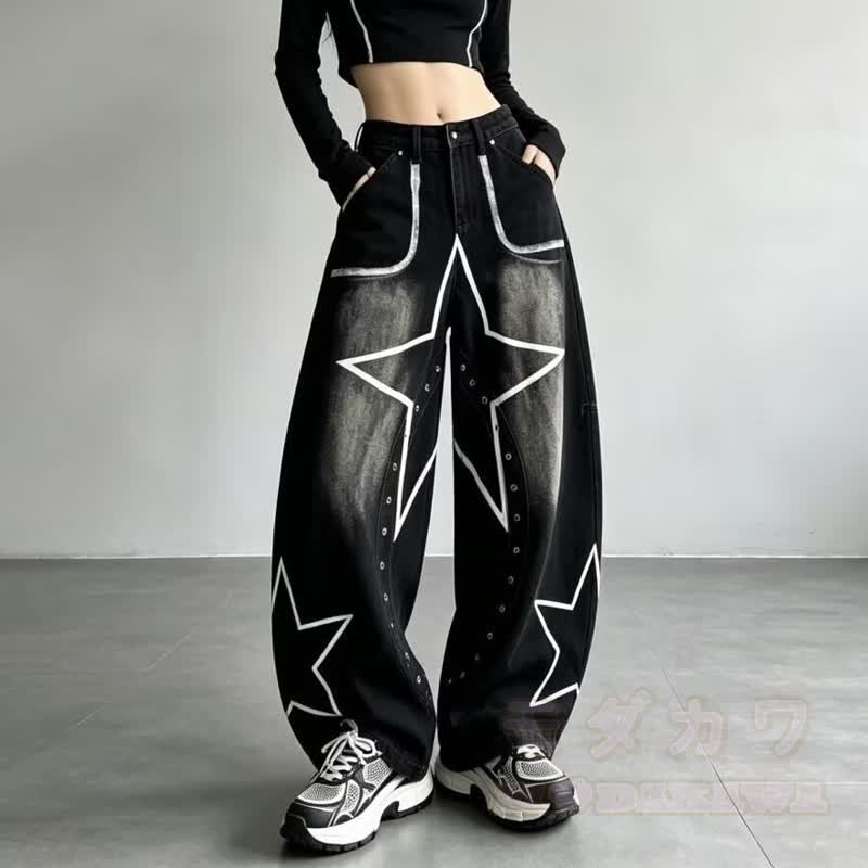 Vintage Star Graffiti Unisex Loose Washed Punk Denim Pants - image 4