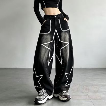 Vintage Star Graffiti Unisex Loose Washed Punk Denim Pants - image 4