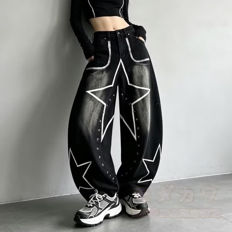 Vintage Star Graffiti Unisex Loose Washed Punk Denim Pants - image 3
