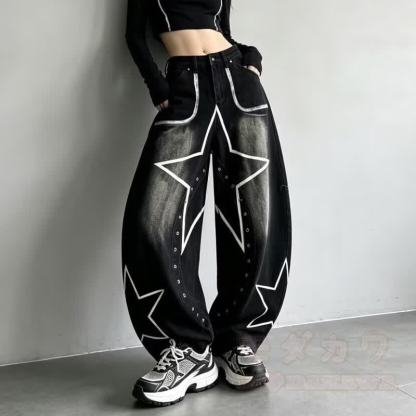 Vintage Star Graffiti Unisex Loose Washed Punk Denim Pants - image 3