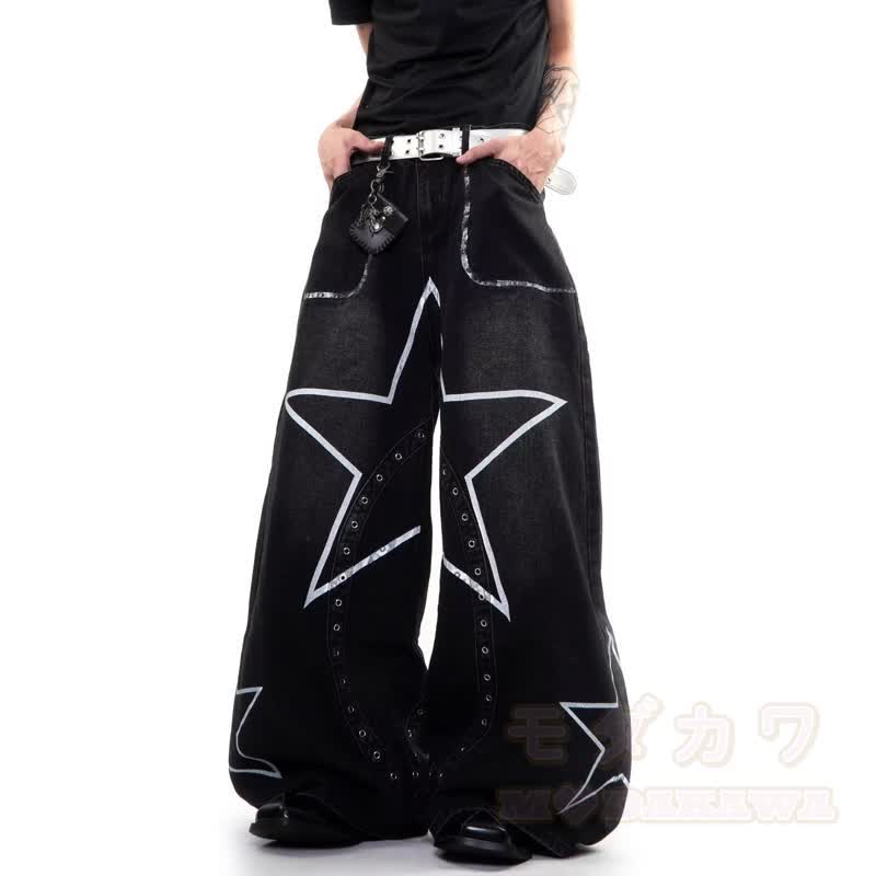 Vintage Star Graffiti Unisex Loose Washed Punk Denim Pants - image 5
