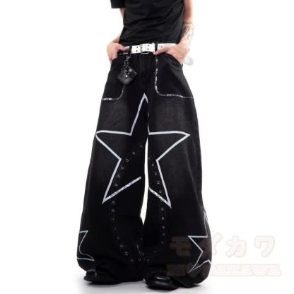Vintage Star Graffiti Unisex Loose Washed Punk Denim Pants - image 5