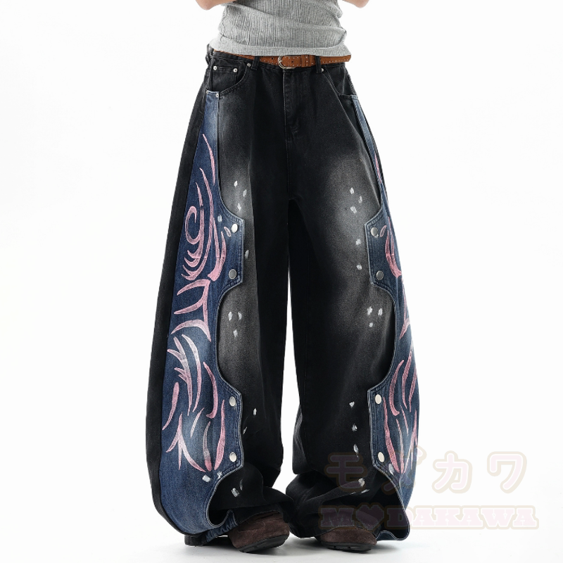 Vintage-Graphic-Spleiß-Unisex-Streetwear-Schlaghose aus Denim, locker geschnitten - image 2
