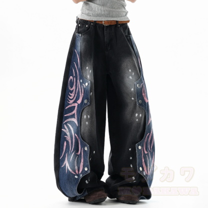 Vintage-Graphic-Spleiß-Unisex-Streetwear-Schlaghose aus Denim, locker geschnitten - image 2