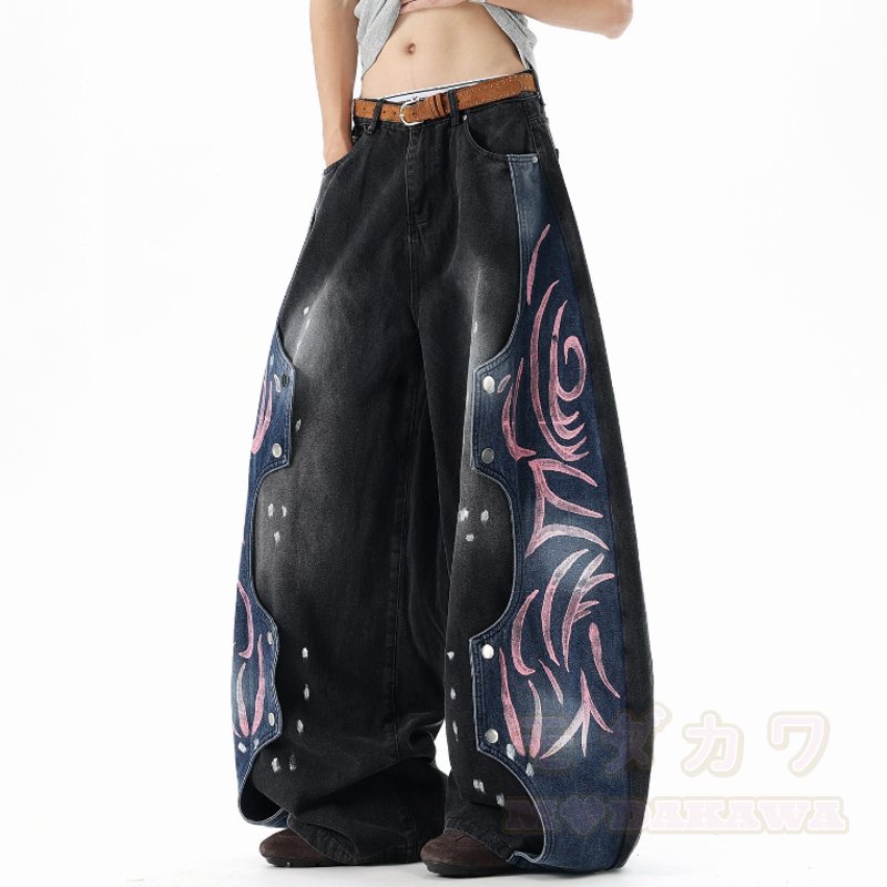 Vintage-Graphic-Spleiß-Unisex-Streetwear-Schlaghose aus Denim, locker geschnitten - image 4