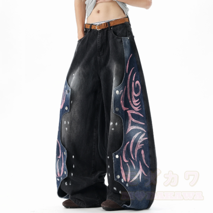 Vintage-Graphic-Spleiß-Unisex-Streetwear-Schlaghose aus Denim, locker geschnitten - image 4