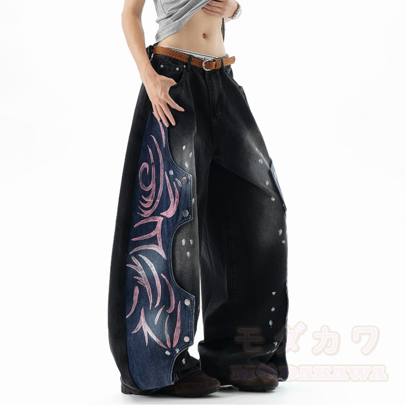 Vintage-Graphic-Spleiß-Unisex-Streetwear-Schlaghose aus Denim, locker geschnitten - image 3