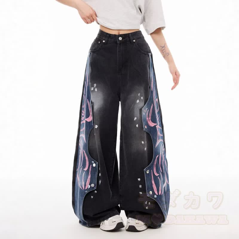 Vintage-Graphic-Spleiß-Unisex-Streetwear-Schlaghose aus Denim, locker geschnitten - image 6