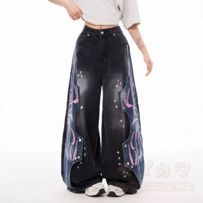 Vintage-Graphic-Spleiß-Unisex-Streetwear-Schlaghose aus Denim, locker geschnitten - image 6