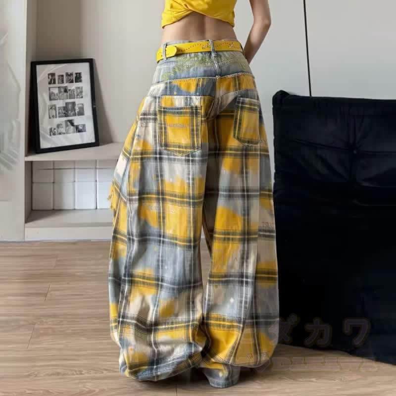 Y2K Vintage gelbe karierte zerrissene lockere Jeanshose im Used-Look - image 3