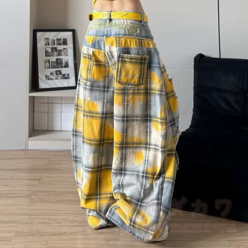 Y2K Vintage gelbe karierte zerrissene lockere Jeanshose im Used-Look - image 2