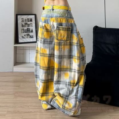 Y2K Vintage gelbe karierte zerrissene lockere Jeanshose im Used-Look - image 2