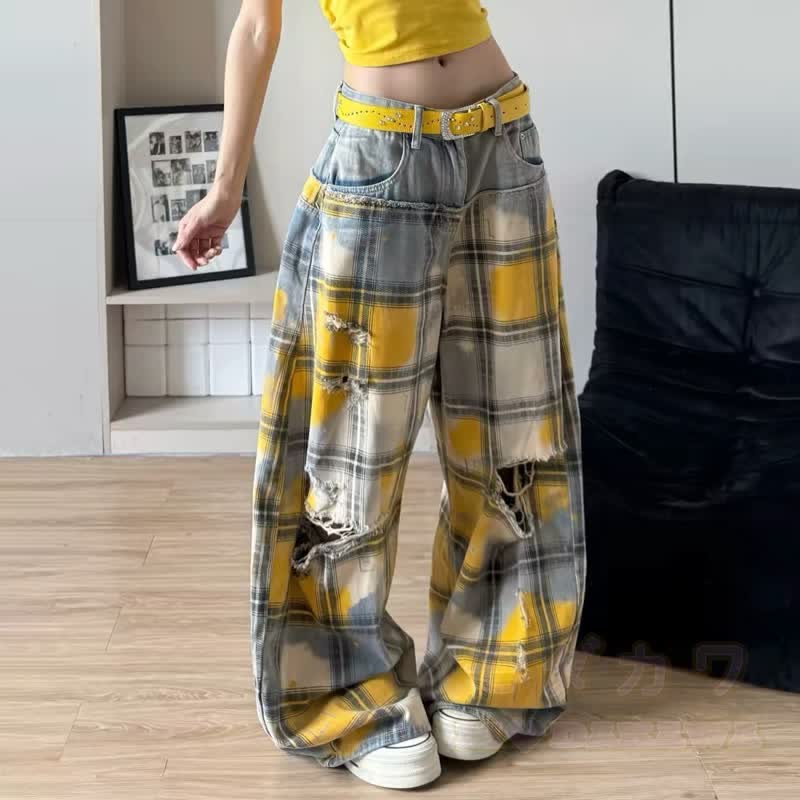 Y2K Vintage gelbe karierte zerrissene lockere Jeanshose im Used-Look - image 5