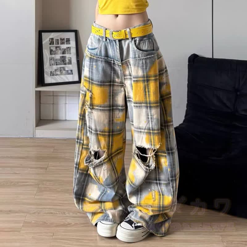 Y2K Vintage gelbe karierte zerrissene lockere Jeanshose im Used-Look - image 4