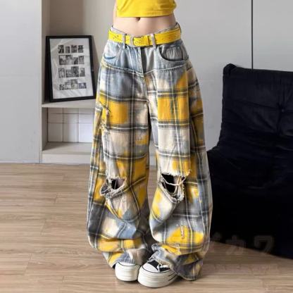 Y2K Vintage gelbe karierte zerrissene lockere Jeanshose im Used-Look - image 4