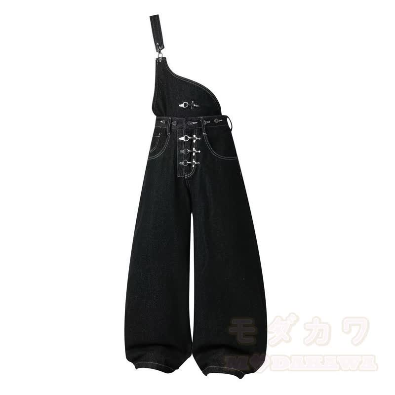 Vintage Unisex-Jeans mit abnehmbarem Riemen, schwarz, locker geschnitten - image 2