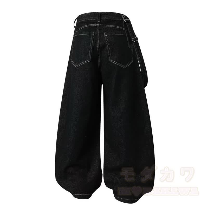 Vintage Unisex-Jeans mit abnehmbarem Riemen, schwarz, locker geschnitten - image 4