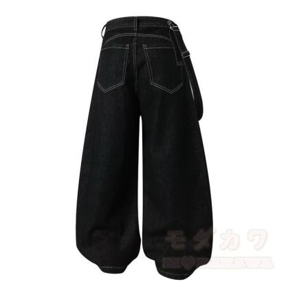 Vintage Unisex-Jeans mit abnehmbarem Riemen, schwarz, locker geschnitten - image 4