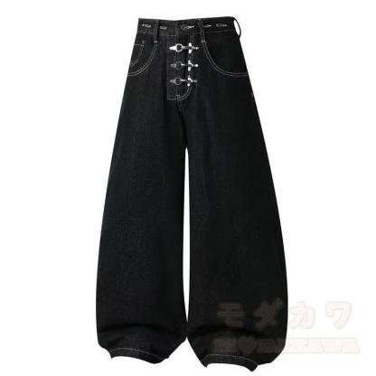 Vintage Unisex-Jeans mit abnehmbarem Riemen, schwarz, locker geschnitten - Schwarz - 3XL - image 3