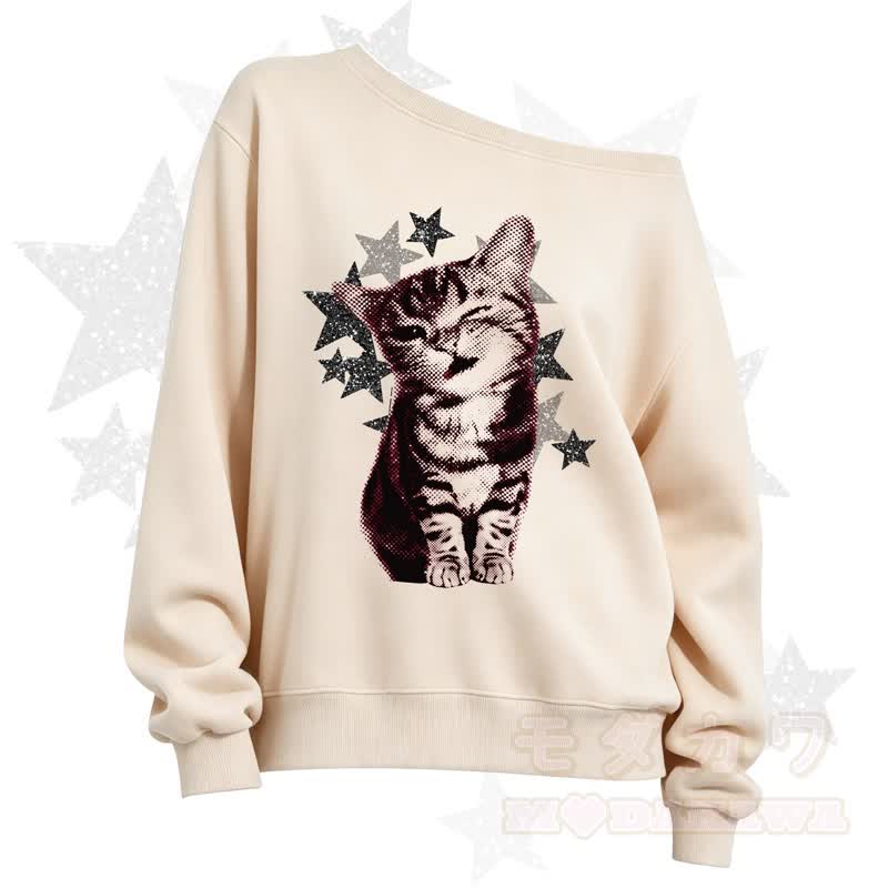 MODAKAWA Sweatshirt mit Sternenkatzenprint und schrägen Schultern - Beige - 3XL - image 1