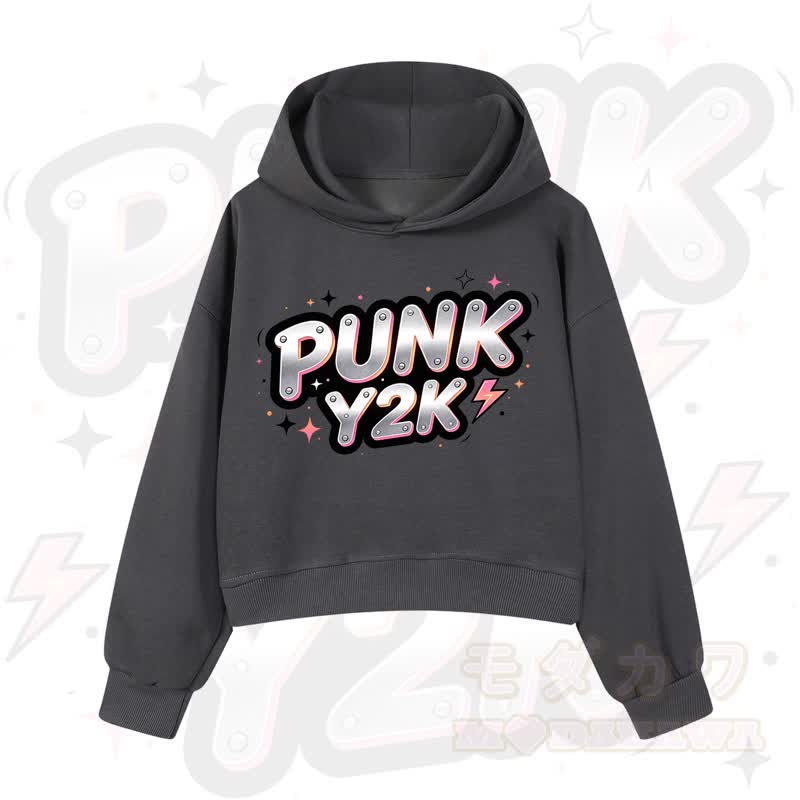 MODAKAWA PUNK Y2K Lightning Graphic Cropped Cotton Hoodie - Dunkelgrau - 3XL - image 1