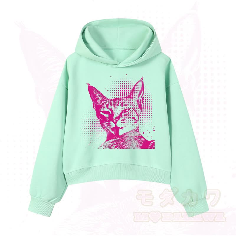 MODAKAWA Vintage Kapuzenpullover mit Katzenprint, kurz geschnitten   - Grün A - 3XL - image 1