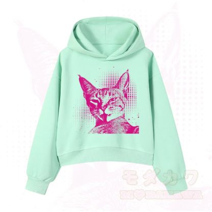 MODAKAWA Vintage Kapuzenpullover mit Katzenprint, kurz geschnitten   - Grün A - 3XL - image 1