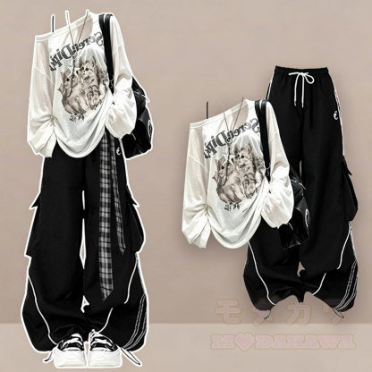 Zweiteiliges Set aus zweiteiligem Oberteil mit Katzenprint, schulterfreiem Off-Shoulder-Top und Cargohose - image 1