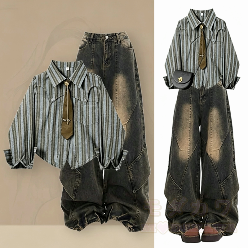 Zweiteiliges Set aus gestreiftem Vintage-Hemd und gewaschener, weit geschnittener Jeans. - Satz - 3XL - image 1