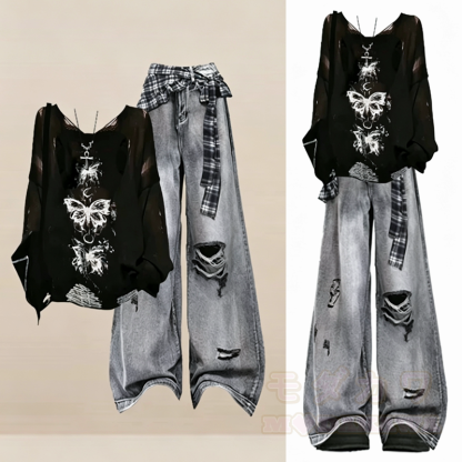 Zweiteiliges Set: Langärmliges Oberteil mit Schmetterlingsprint im Y2K Gothic-Stil, dazu zerrissene Jeans. - image 1