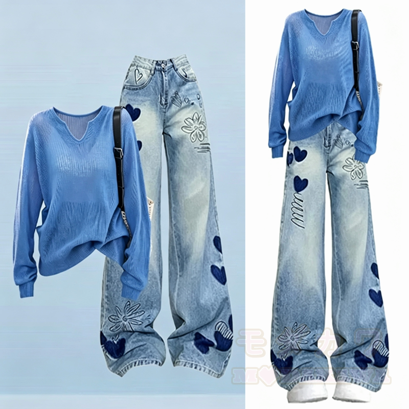 Vintage-Strickoberteil mit langen Ärmeln, Jeans mit Herz- und Blumenstickerei, zweiteiliges Set - image 1
