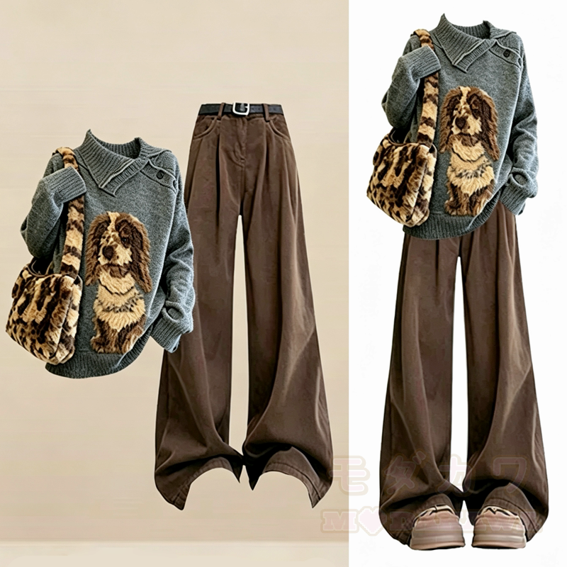 Zweiteiliges Set: Strickpullover mit Hundestickerei und weite Hose - Satz - 3XL - image 1