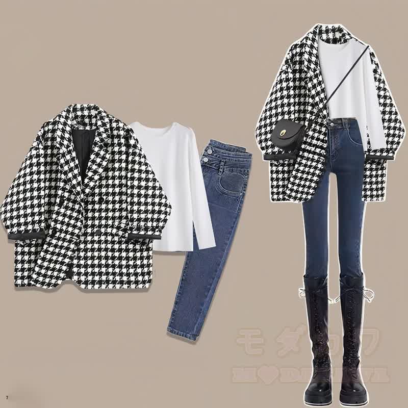 Dreiteiliges Set: Karierter Blazer, weißes Basic-T-Shirt, Skinny-Jeans, dreiteiliges Set - Weißes Set - 2XL - image 1