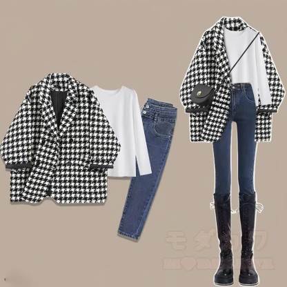 Dreiteiliges Set: Karierter Blazer, weißes Basic-T-Shirt, Skinny-Jeans, dreiteiliges Set - Weißes Set - 2XL - image 1