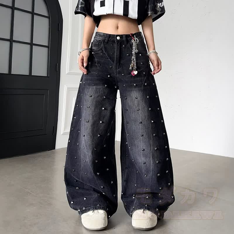 Vintage-Jeans mit gewaschenem, genietetem und genietetem Dekor - Schwarz - 3XL - image 1