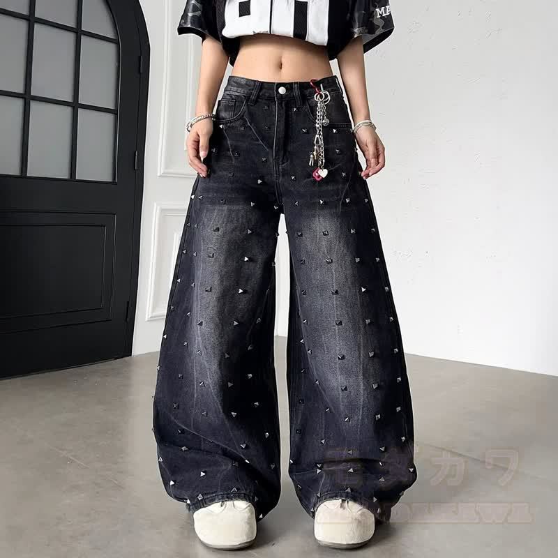 Vintage-Jeans mit gewaschenem, genietetem und genietetem Dekor - Schwarz - 3XL - image 1