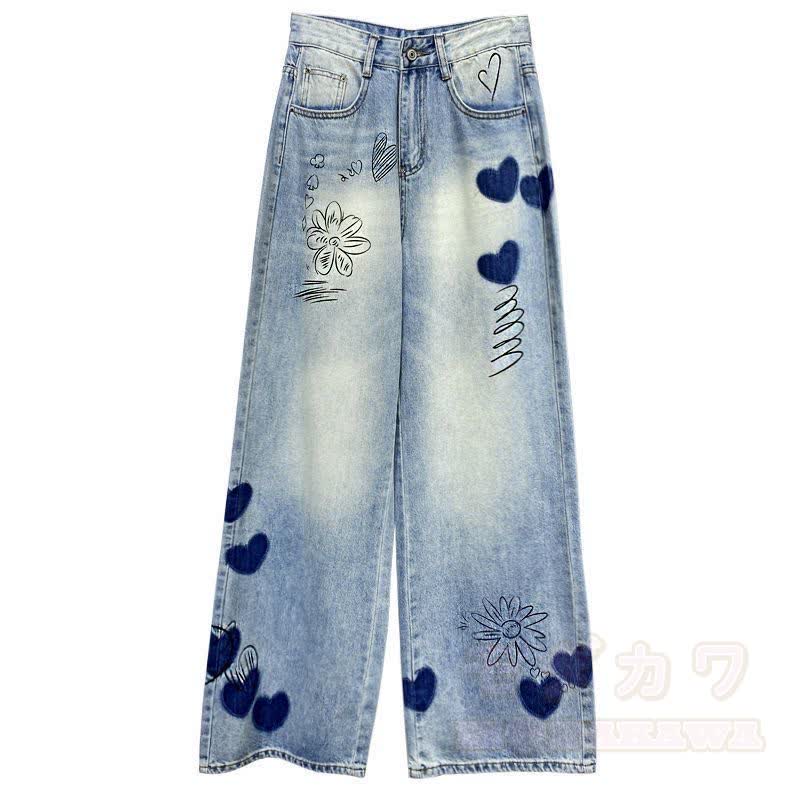 Vintage-Strickoberteil mit langen Ärmeln, Jeans mit Herz- und Blumenstickerei, zweiteiliges Set - Hose - 3XL - image 9