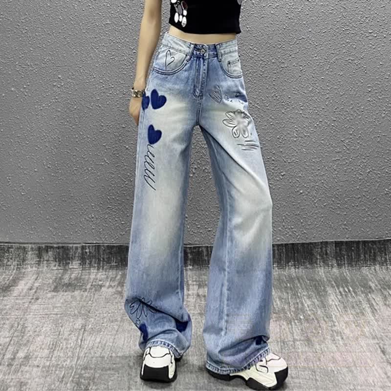 Vintage-Strickoberteil mit langen Ärmeln, Jeans mit Herz- und Blumenstickerei, zweiteiliges Set - image 7