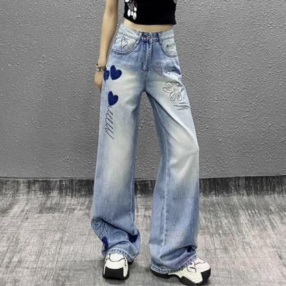 Vintage-Strickoberteil mit langen Ärmeln, Jeans mit Herz- und Blumenstickerei, zweiteiliges Set - image 7