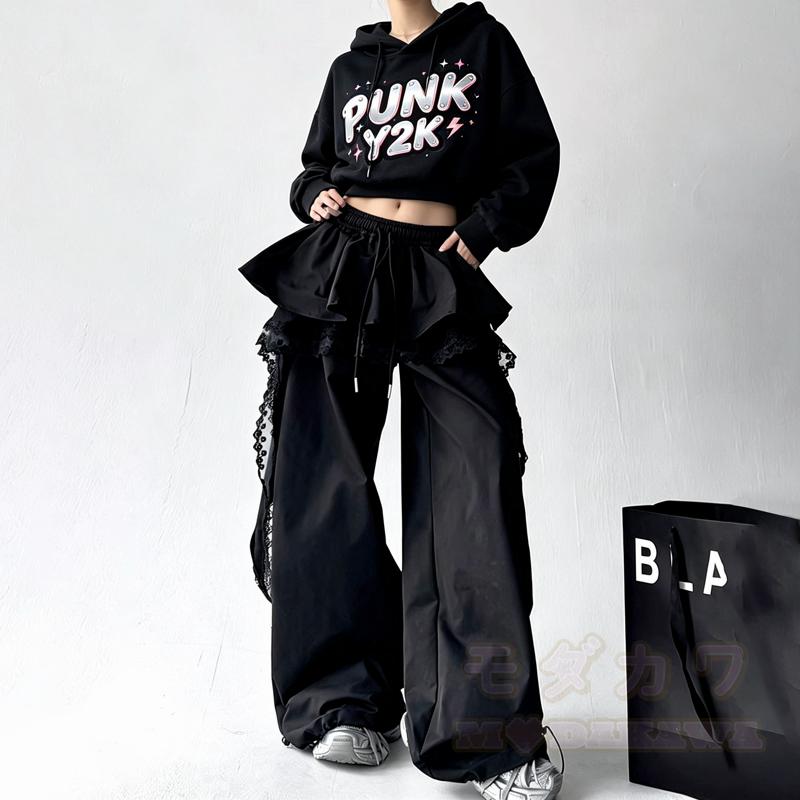 Y2K Punk Cropped Hoodie und Lace Ruffle Layered Pants Zweiteiliges Set - image 1