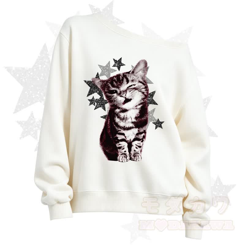 Zweiteiliges Set aus Vintage-Sweatshirt mit Katzenprint, schulterfreiem Oberteil und Jeans mit Sternenpatches - Spitze - 3XL - image 2