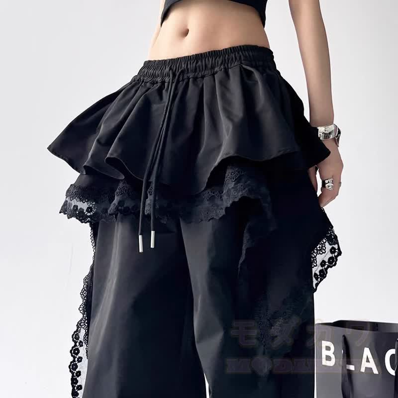 Y2K Punk Cropped Hoodie und Lace Ruffle Layered Pants Zweiteiliges Set - image 4