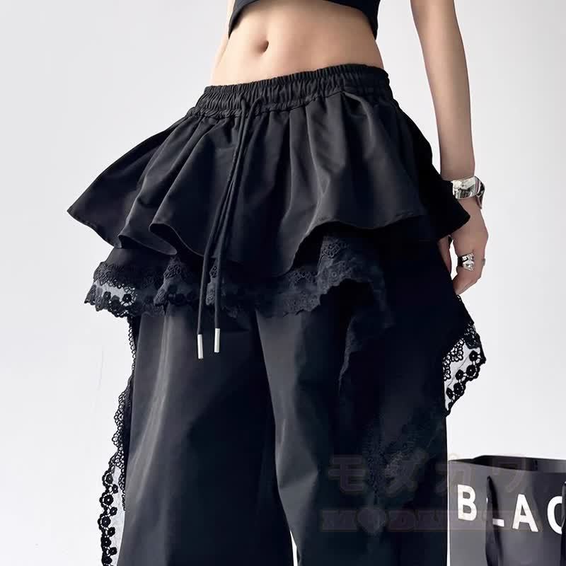 Y2K Punk Cropped Hoodie und Lace Ruffle Layered Pants Zweiteiliges Set - image 4