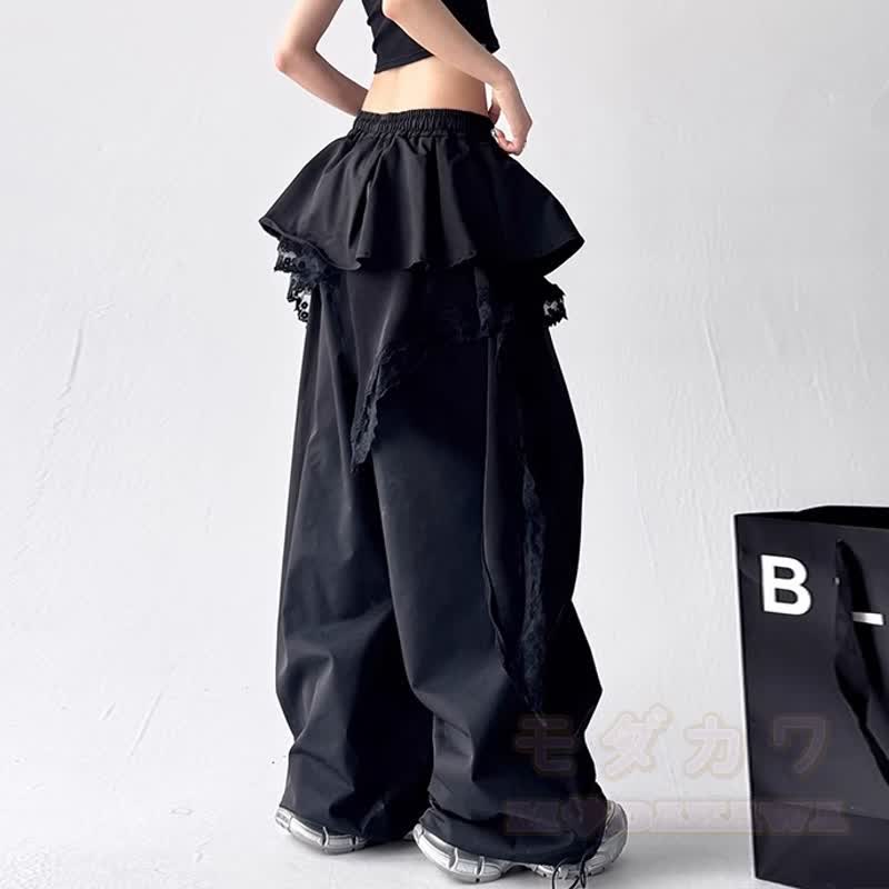Y2K Punk Cropped Hoodie und Lace Ruffle Layered Pants Zweiteiliges Set - image 3